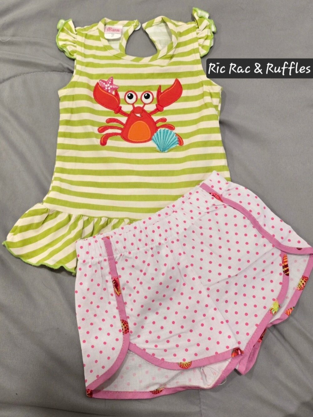 Girls' Green Stripe Crab Tank Top & Pink Polka Dot Shorts Set